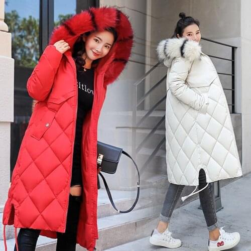 Women Long cotton jacket Women Parka Big Fur Collar Hooded cotton Jackets Coats