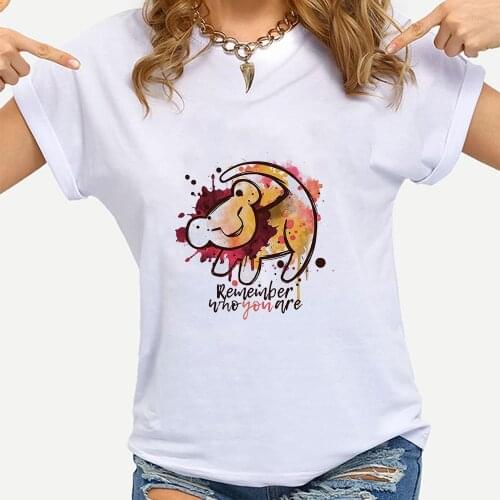 Disney Lion King Womens T-shirts Remember who you are Simba O Neck Tops Basic White Tees Female Summer Soft Fabric Clothing