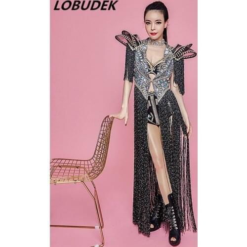 Women Star Singer Concert Performance Clothes Sparkly Rhinestones Tassels Long Coat Crystals Bikini Nightclub Show Stage Costume