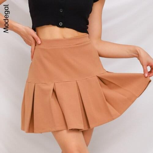 Modegal Womens Pleated Skirt High Waisted Elastic Waistband Solid Color Skater School Uniform Skirts Flared A Line Mini Skirt