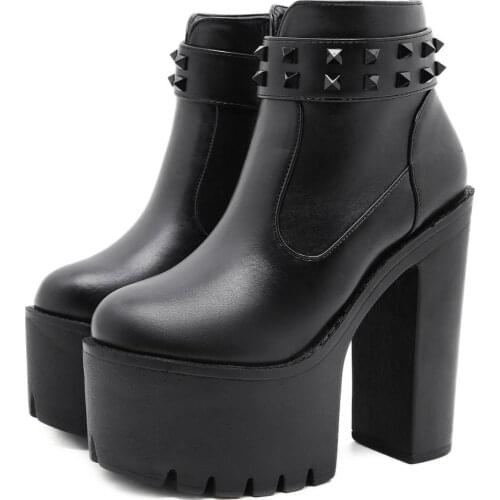 FANAN Studded Gothic Boots for Women Platform Thick Bottom Rubber Booties Womens Chunky High Heel Rivet Combat Boots Black