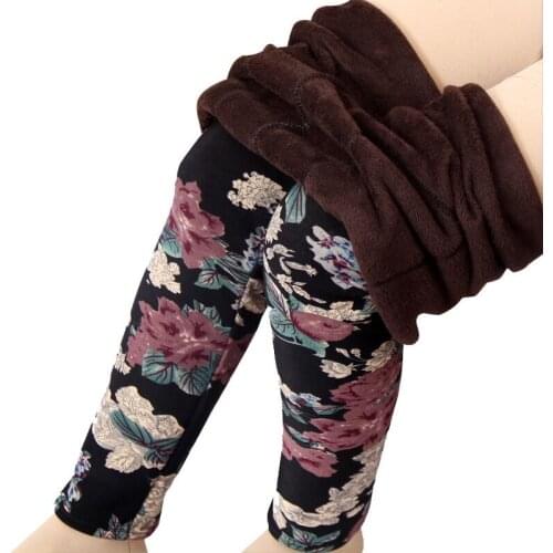 Lady home casual winter warm slim fit pencil pants women elastic middle waist floral leggings thick fleece skinny pant clothing