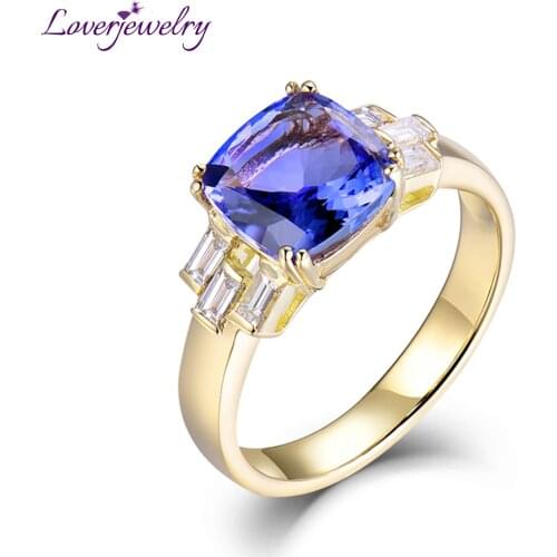 LOVERJEWELRY Lady Rings Solid 14K Yellow Gold Natural Stunning Tanzanite Cushion(8x8mm) Diamongs For Women Engagement Party Ring
