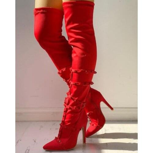 Lady Rivets Straps Stretch Lycra Socks Boots Ladies Pointed Toe Thigh High Boots Female Thin High Heel Over The Knee Booties