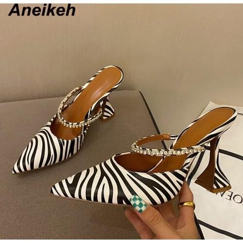 Aneikeh 2021 Summer Bling Zapatillas Mujer Shallow Women Animal Prints Slippers Shoes Fashion Pointed Toe Thin Heels Size 35-41