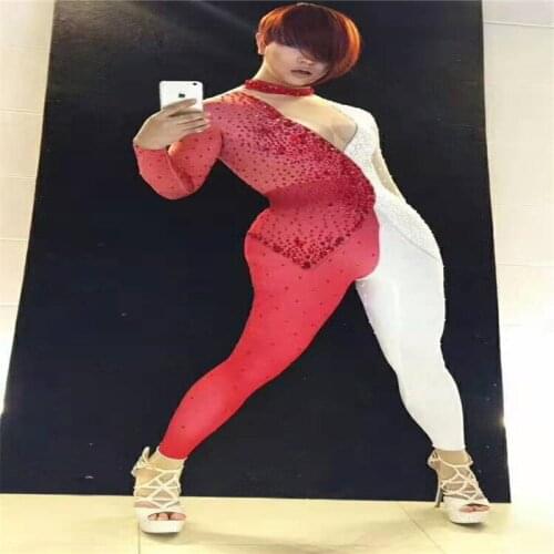 F67 Red white color splice female sexy jumpsuit pole dancer ballroom costumes stage bodysuit dj singer show wears dress outfit