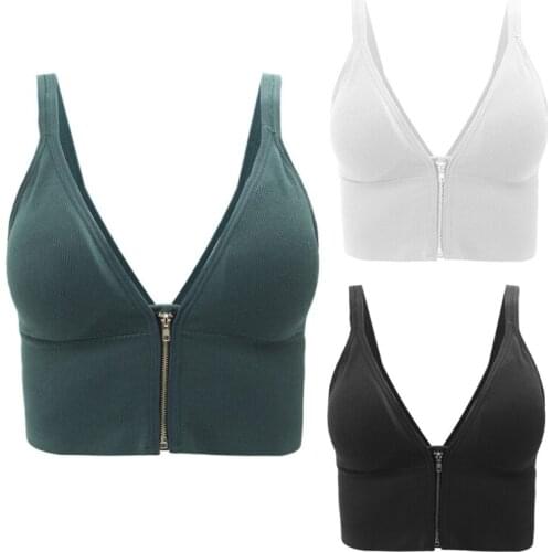 Womens Front Closure Sport Bra Removable Pads Wirefree Racerback Workout Yoga Bras with Zipper for Gym Fitness G99D