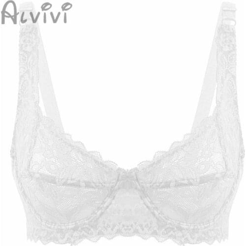 Alvivi Womens Ultra-thin Lingerie Solid Pure Lace Bra Top See Through Sheer Spaghetti Straps Unlined Underwire Full Cup Bra Top