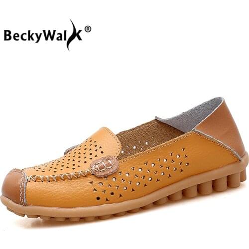 BeckyWalk New Summer Plus Size Genuine Leather Shoes Women Cutout Moccasins Spring Women Flat Shoes Casual Ballet Flats WSH2681