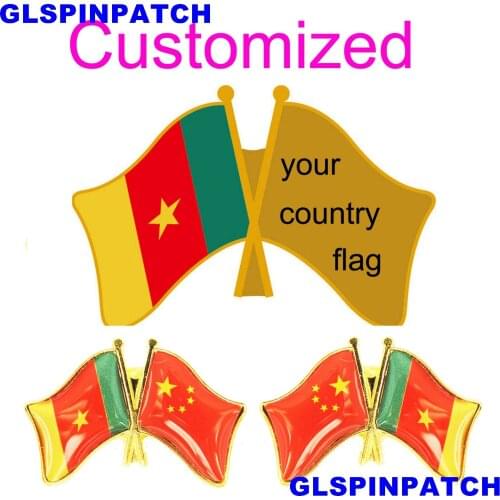 Cameroon Crossed Friendship Flag Double Country lapel pin Brooch USA UK France Chile Russia Saudi Arabia Japan Spain Badge