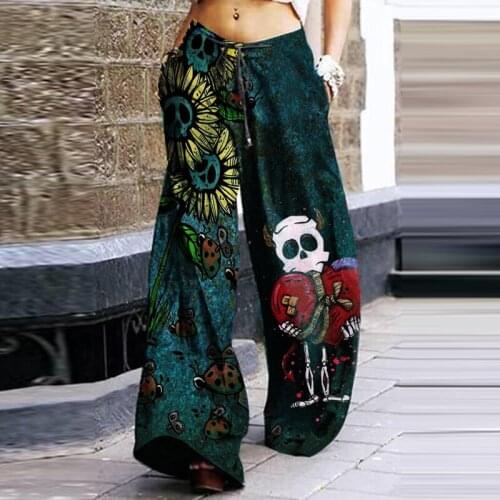 Halloween Skull Print Wide-Leg Pants Fashion Women Drawstring Loose Casual Sweatpants Harajuku Ladies Vintage Street Long Pants