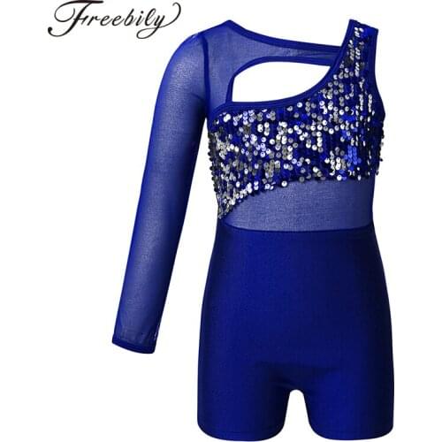 Kids One-shoulder Mesh Sleeved Ballet Dancewear Shiny Sequins Girls Gymnastics Leotard Jumpsuit Unitards Stage Dance Costume