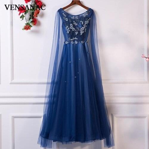 VENSANAC O Neck 2018 Lace Flowers A Line Long Evening Dresses Elegant Crystal Appliques Backless Party Prom Gowns