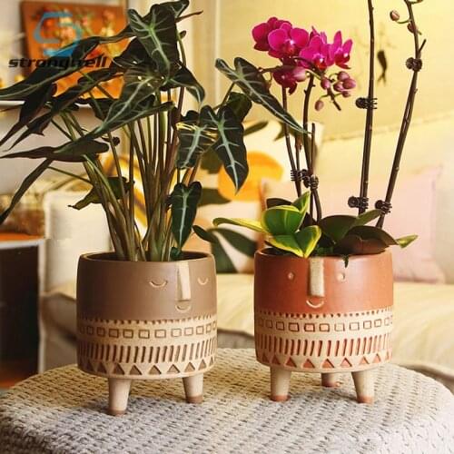 Nordic Ins Cartoon Ceramic Flower Pot Human Face Expression Succulent Home Desktop Creative With Feet Breathable Potted Plant