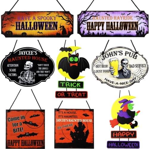 Halloween Wooden Pendant Helloween Pumpkin Skull Spider Bat Witch Party and Event Scene Hanging Decoration