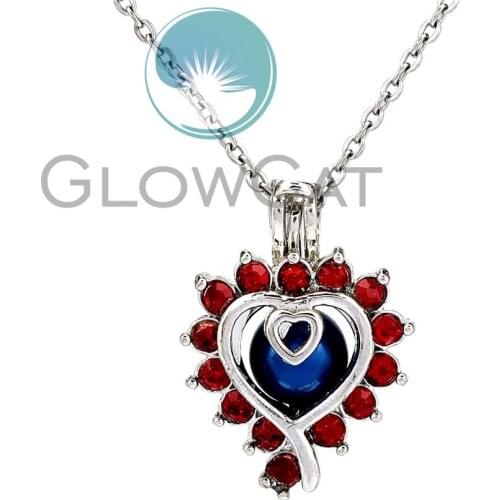 KK1063 Red Rhinestone Double Heart Beads Cage Locket Pendant Perfume Diffuser Pearl Cage Necklace