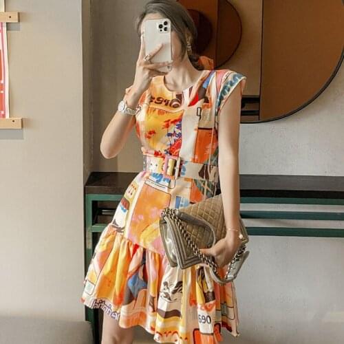 Fashion Korean Vintage Short Sleeve Mini Party Dress Ladies Elegant Coffee Break Casual Print Sashes Ruffle Beach Short Dress
