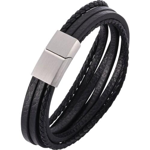 Fashion Multilayer Braided Leather Bracelet Men Jewelry Stainless Steel Magnetic Clasps Bracelets Bangles Male Wristband PD505