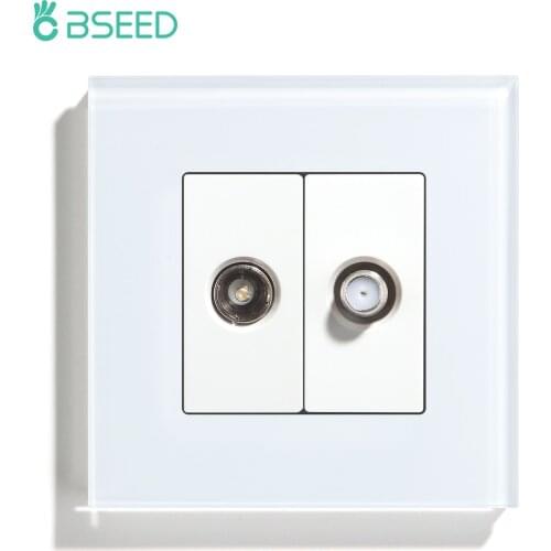 BSEED TV Satellite Wall Socket With Crystal Glass Panel White Black Gold EU Standard 86mm DIY Part For Home Improvement