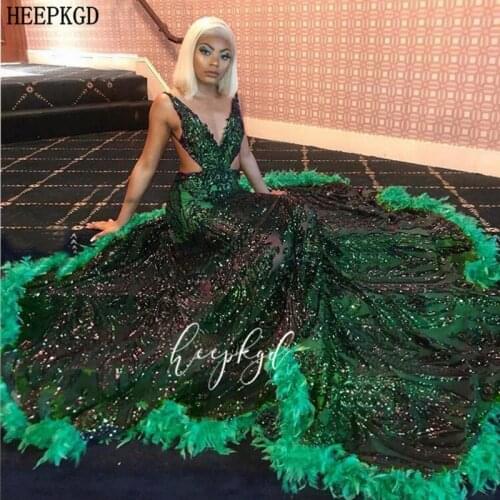 Sexy Green Sequins Mermaid Prom Dresses Backless Feathers Black Girls Graduation Homecoming Dress Plus Size Wedding Party Gowns