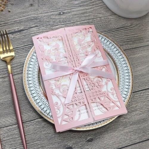 Pink Shimmer Tower Quinceanera Invitations Burgundy Voilet Red Blue Custom Printing Wedding Party Invites