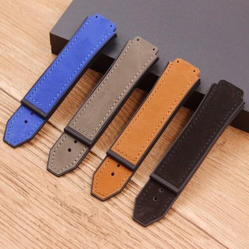 Watch Accessories Brand 25 * 19mm Crazy Horse Leather with Rubber Silicone Strap for Hublot Belt Strap Mens Womens Watch Strap