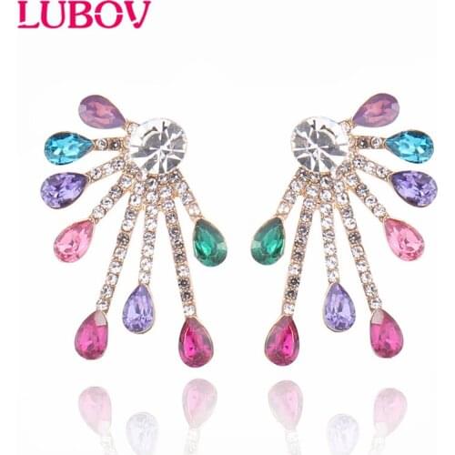 LUBOV Octopus Shape Left and right symmetry Women Hollow peacocks tail Shape Gold 16 Colors Opal Resin Stud Earrings Jewelry