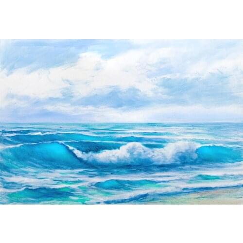 VinylBDS 5x7ft Summer Seaside Scenery Backdrops Bokeh Painting Waves Background Kid White Clouds and Blue Sky Photo for Studio