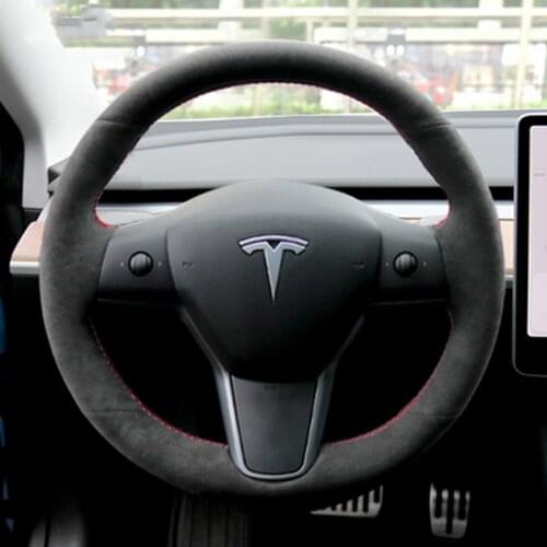 For Tesla Model3 Model Y DIY all black suede leather special steering wheel cover auto parts