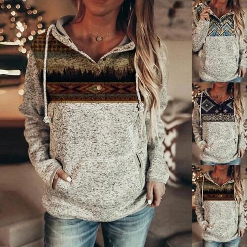 Women Digital Print Hoodie Retro Print Sweatshirt Buttons Long Sleeve Autumn Winter Pullover Tops