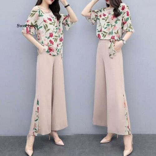 2 Pieces Office Lady Elegant Sets Spring Summer Women Casual Suits Half Sleeve Fashion Printed Tops Width Leg Pants Female Sets