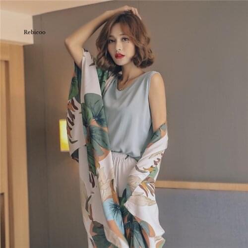 4 Piece Spring Summer Women Pajamas Sets Floral Printed Viscose Robe Top and Shorts Female Sleepwear Night Suit