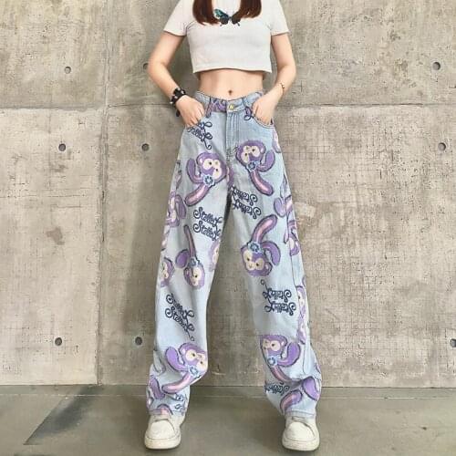 2021Women Jeans High Waist Loose Straight Pants Cartoon Printed Zipper Casual Female Long Trousers Large Size Mom Long Pants
