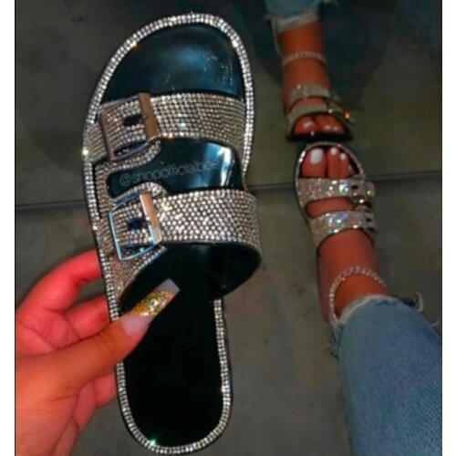Women Slippers 2020 Fashion Rhinestone Outdoor Women Shoes Beach Flip Flops Plus Size Solid Buckles Sandals Slippers Womens