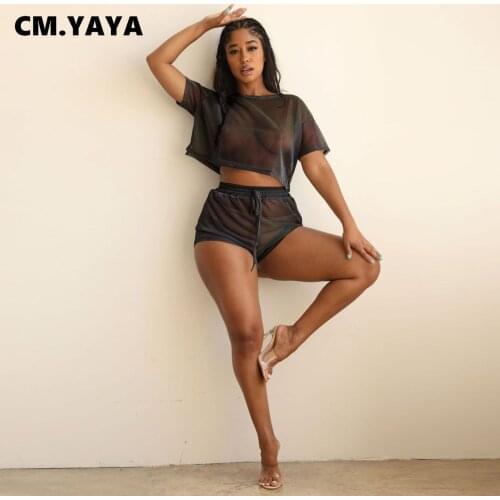 CM.YAYA Women Set Mesh See-through Short Sleeve Crop Tops Loose Shorts Two 2 Piece Sets Sexy Outfit Summer Tracksuit 2021