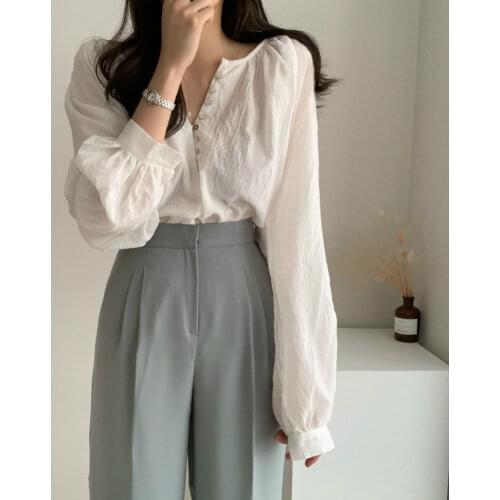 Autumn 2021 Womens Korean Retro Cotton Hemp Lantern Long Sleeve Crop Top V-neck Sweet Single Breasted White Shirt Street