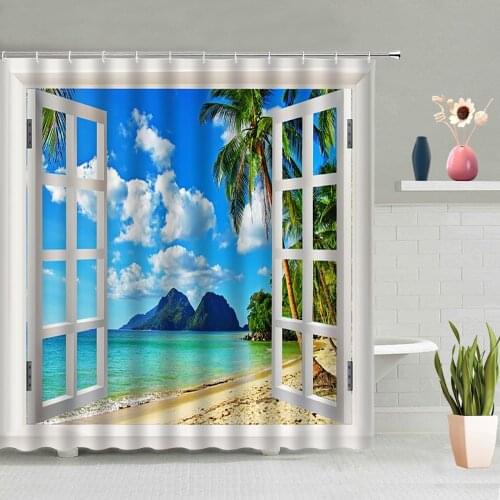 3D Window View Shower Curtains Ocean Beach Flowers Palm Tree Bathroom Decoration Bath Curtain Washable Hooks Home Decor Screen