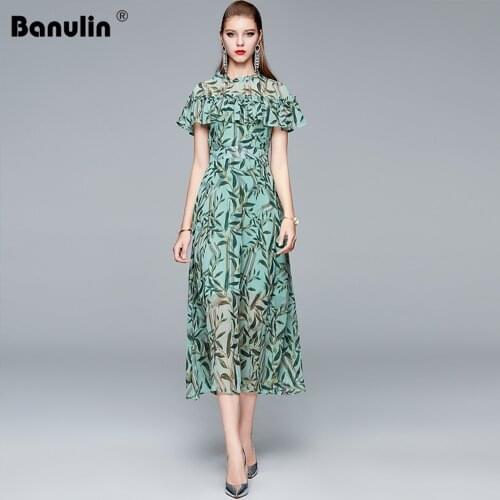 Banulin New Fashion Runway Dress Summer 2020 Womens Ruffles Short Sleeve Holiday Dress robes Female Floral Beach Dresses