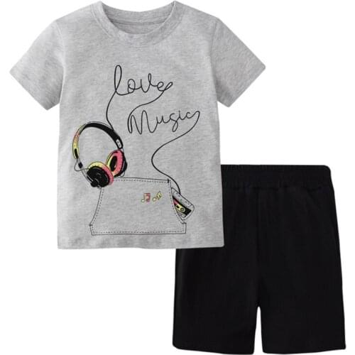 Jumping Meters Children Summer Suit Boys Shorts and T-shirt Pants Love Music Cartoon Partern kids Casual Cothes 2-7Years