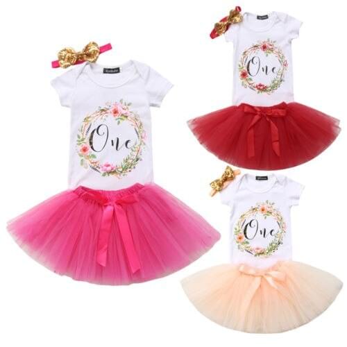 Newborn Baby Girl Flower Birthday Clothing Set Romper Tutu Tulle Skirt 3Pcs Outfit Clothes