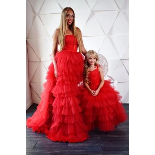 Red Tiered Ball Gown Mother Daughter Formal Dresses Long Puffy Tulle Prom Evening Party Gowns Robe De Soiree