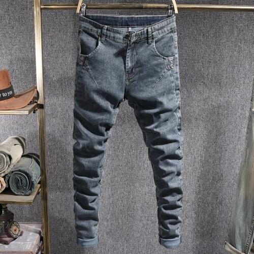 Korean Style Fashion Men Jeans Retro Blue Gray Elastic Slim Fit Ripped Jeans Men Vintage Designer Casual Denim Pencil Pants