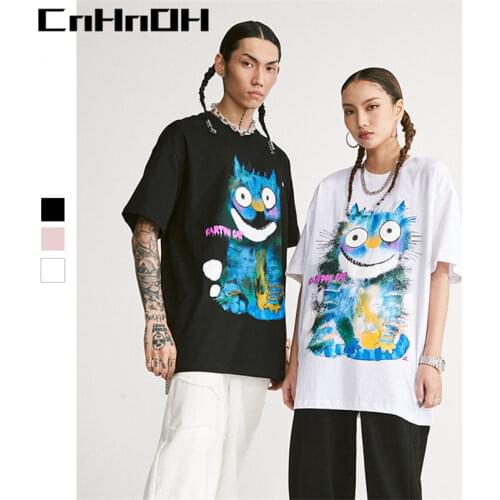 CnHnOH spring and summer fashion new arrival T-shirt cartoon smiley cat print Good quality high street mens Tee couple 10006