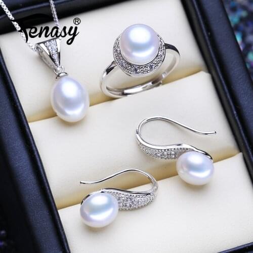 FENASY 925 Sterling Silver Natural Freshwater Pearl Jewelry Sets Classic Trendy Stud Earrings Pendant Chain Necklace For Women