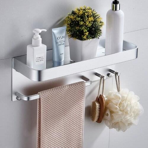 Wall Mounted Self Adhesive Iron Towel Rack Bathroom Shower Shelf with Rail Hooks Organizer Storage Holder for Kitchen