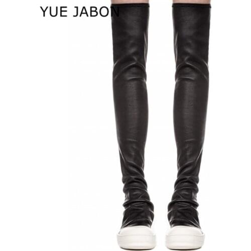 New Black Elastic Slim Long Sock Boots Women White Thick Bottom Flat Over The Knee Thigh High Boots for women Knight boots