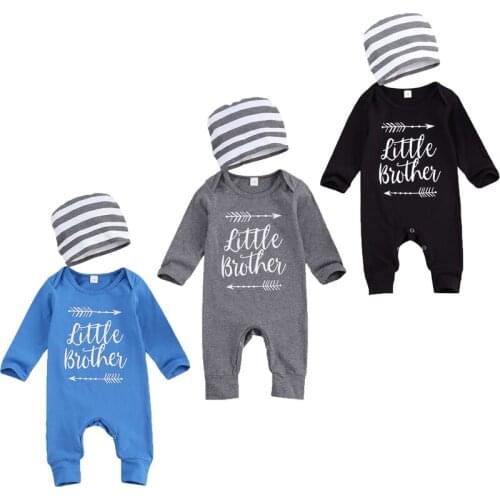 FOCUSNORM 0-18M Newly Autumn Baby Boys Rompers 2pcs Long Sleeve Letter Print Cotton Jumpsuits Striped Hats