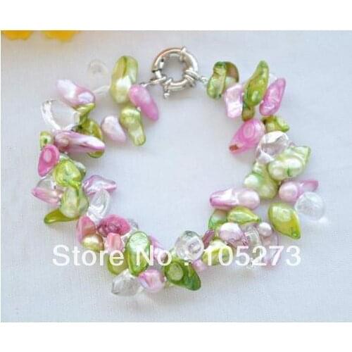 Wholesale Pearl Jewelry 8'' 10-16mm Baroque Tail Green Pink Freshwater Pearl Crystal Beads Bracelet Top Quality Free Shipping