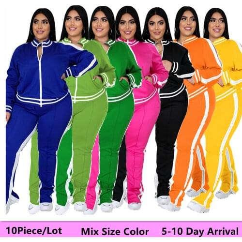 L-5XL Mix Size Color Bulk Items Wholesale Lots Plus Size 2 Piece Set Women Sweatsuit Zip Striped Top Sweatpants 5-10 Day Arrival