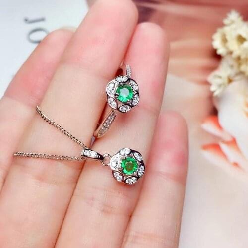 Classic natural emerald women jewelry emerald ring necklace jewelry set 925 silver round natural gem certified birthday gift